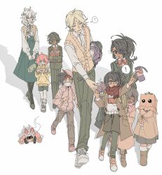 Rule 34 | !, + +, 3boys, 3girls, 4others, :o, ?, ahoge, alternate costume, aqua skirt, bag, black bag, black boots, black eyes, black hair, black jacket, black raisin cookie, black shorts, blazer, blonde hair, book, boots, bottle, bow, bowtie, bright pupils, brown boots, brown coat, brown jacket, brown pants, brown shorts, buttons, cardigan, chinese commentary, closed eyes, coat, collared shirt, commentary request, cookie run, cookie run: kingdom, covered mouth, dark-skinned female, dark-skinned male, dark skin, double-parted bangs, drawstring, elbow carry, espresso cookie, eyes visible through hair, facial mark, fingernails, flower, forehead mark, full body, glasses, green bag, green bow, green bowtie, green jacket, grey eyes, hair between eyes, hair flower, hair ornament, hair over one eye, handbag, high-waist skirt, high ponytail, highres, holding, holding bag, holding book, holding bottle, hood, hood down, hood up, hoodie, hugging book, hugging object, jacket, knee boots, kneehighs, lace-up boots, lapels, layered sleeves, long hair, long sleeves, looking at another, mask, medium hair, medium skirt, mouth mask, multicolored hair, multiple boys, multiple girls, multiple others, necktie, no pupils, non-humanoid robot, notched lapels, one eye covered, open cardigan, open clothes, open coat, open mouth, orange cardigan, orange shoes, pale skin, pants, paper bag, parted bangs, pink eyes, pink hair, pink jacket, pocket, pointing, pointing up, pom pom (clothes), ponytail, puffy long sleeves, puffy sleeves, pure vanilla cookie, purple bag, purple eyes, red bow, red bowtie, red necktie, red scarf, ribbed socks, robot, round eyewear, scarf, school uniform, shadow, shirt, shoelaces, shoes, short hair, shorts, simple background, skirt, sleeveless, slit pupils, sneakers, socks, spoken exclamation mark, spoken question mark, strawberry crepe cookie, streaked hair, sweater, tuko, two-tone hair, u u, villager cookie 1, villager cookie 2, villager cookie 3, villager cookie 4, villager cookie 5, walking, white background, white flower, white hair, white lily cookie, white mask, white pupils, white shirt, white shoes, white socks, white sweater, yellow hoodie