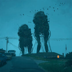 american_flag bird cable car cloud cloudy_sky evening freightliner highres motor_vehicle no_humans official_art power_lines road robot science_fiction simon_stalenhag sky the_electric_state truck utility_pole
