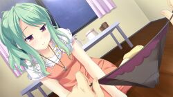 1boy 1girl arms_at_sides black_panties blush breasts collarbone cup curtains dress dutch_angle flower game_cg green_hair highres holding holding_panties holding_underwear holding_unworn_clothes indoors jewelry kitaooji_karen long_hair looking_down making_lovers official_art orange_dress orange_eyes panties parted_bangs pendant ponytail pov pov_hands sidelocks sitting small_breasts smile socks table takanashi_kazuma taniyama-san third-party_source underwear variant_set window wooden_floor yellow_socks yokozuwari