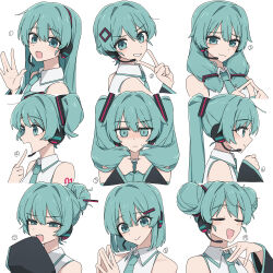 1girl absurdres alternate_hair_length alternate_hairstyle aqua_eyes aqua_hair aqua_necktie bare_shoulders black_sleeves blush bob_cut channel_(caststation) closed_eyes commentary detached_sleeves double_bun duplicate embarrassed english_commentary from_side hair_bun hair_chart hair_ornament hand_on_own_chest hatsune_miku headset highres holding holding_own_hair index_fingers_together long_hair looking_at_viewer low_twintails medium_hair multiple_views necktie open_mouth pixel-perfect_duplicate pointing pointing_at_self portrait shirt short_hair single_hair_bun sleeveless sleeveless_shirt sleeves_past_fingers sleeves_past_wrists smile squinting steepled_fingers twintails upper_body v vocaloid white_background white_shirt