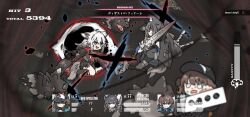 Rule 34 | 4girls, amiya (arknights), amonitto, animal ears, arknights, black hair, brown hair, hat, highres, holding, holding weapon, lappland (arknights), lappland the decadenza (arknights), multiple girls, peaked cap, rabbit ears, rabbit girl, rhodes island medic (arknights), tail, texas (arknights), texas the omertosa (arknights), translation request, user interface, weapon, white hair, wolf ears, wolf girl, wolf tail