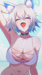 1girl absurdres animal_ear_fluff animal_ears arm_behind_head bare_shoulders bikini blue_eyes blue_hair breasts bright_pupils cat_ears cevio choker cleavage coko_(cevio) collarbone colored_inner_hair highres kamitsune multicolored_hair open_mouth short_hair solo stomach swimsuit upper_body white_bikini white_hair white_pupils