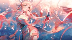 1girl absurdres arm_tattoo bandaged_arm bandages black_gloves black_sash blonde_hair bracelet breasts chest_sarashi chest_tattoo choker cowboy_shot fingerless_gloves fireworks flower_tattoo genshin_impact gloves grin hadanugi_dousa hair_ornament harushio highres holding holding_fireworks japanese_clothes jewelry kimono large_breasts obi obiage obijime open_kimono orange_kimono ponytail red_choker rope sarashi sash shimenawa single_glove smile solo sparkler tattoo yoimiya_(genshin_impact)