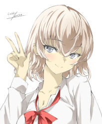 1girl artist_name blonde_hair bow bowtie collarbone collared_shirt dated dress_shirt gakky gloire_(kancolle) grey_hair highres kantai_collection one-hour_drawing_challenge red_bow red_bowtie shirt short_hair simple_background solo white_background white_shirt