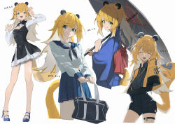 1girl :d absurdres alternate_costume animal_ears bag bell black_neckerchief black_shorts blonde_hair blue_kimono blue_sailor_collar blue_shoes blue_skirt bow breasts cleavage commentary_request dated facing_viewer green_eyes grey_shirt high_heels highres holding holding_bag holding_umbrella jacket japanese_clothes jewelry jingle_bell ju_fufu kimono long_hair looking_at_viewer lupinu5 midriff_peek multiple_views neckerchief necklace open_mouth pleated_skirt sailor_collar school_bag school_uniform serafuku shirt shoes shorts simple_background skirt smile striped_hair tail tail_bow tail_ornament thigh_strap tiger_ears tiger_girl tiger_stripes tiger_tail umbrella white_background white_shirt wide_sleeves yellow_jacket zenless_zone_zero