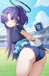 1girl absurdres ass blue_archive blue_shirt blue_sky breasts buruma clothes_around_waist cloud commentary_request facial_mark from_behind gym_uniform halo highres id_card jacket jacket_around_waist large_breasts long_hair looking_at_viewer mechanical_halo official_alternate_costume outdoors purple_eyes purple_hair romi_(9_romi_7) shirt sky solo stadium star_(symbol) star_facial_mark yuuka_(blue_archive) yuuka_(track)_(blue_archive)