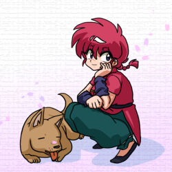 1girl animal chinese_clothes dog hair_between_eyes ranma-chan ranma_1/2 shadow smile tangzhuang tongue tongue_out wanta_(futoshi)