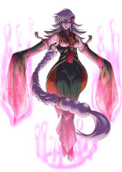 1girl armpits braid breasts chinese_clothes detached_sleeves full_body gradient_hair green_hair green_pants highres kof:_maximum_impact looking_at_viewer makeinu multicolored_hair off_shoulder pants print_sleeves red_eyes simple_background single_braid sleeves_past_fingers sleeves_past_wrists smile solo the_king_of_fighters very_long_sleeves white_background xiao_lon