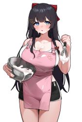 1girl absurdres apron bare_arms bare_shoulders black_hair black_shorts blue_eyes bow bowl braid breasts cleavage collarbone cowboy_shot cream cream_on_breasts cream_on_face crop_top dolphin_shorts food food_on_face hair_bow hair_ornament hand_up heart heart_hair_ornament heok_bam highres holding holding_whisk large_breasts long_hair looking_at_viewer midriff parted_lips pink_apron shirayuki_hina shirt short_shorts shorts sleeveless sleeveless_shirt solo stellive thighs v-shaped_eyebrows virtual_youtuber whisk white_shirt