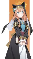 1girl absurdres animal_ear_headwear black_veil blue_archive book braid coif fake_animal_ears flower halo highres holding holding_book lamser long_hair looking_at_viewer mari_(blue_archive) nun orange_hair single_braid solo sweatdrop veil white_flower yellow_halo