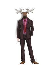 Rule 34 | 1boy, anime coloring, antlers, belt, black belt, brown jacket, brown pants, collared shirt, deer head, dress shoes, formal clothes, full body, hand in pocket, highres, horns, jacket, kashima (sakamoto days), looking at viewer, male focus, moriyama you, necktie, official art, pants, pink shirt, red necktie, sakamoto days, shirt, simple background, solo, standing, suit, transparent background