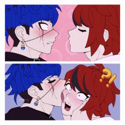 2boys 2koma black_hair blue_hair border bridge_piercing bush closed_eyes closed_mouth comic earrings eyebrow_piercing face_piercing jewelry licking_another&#039;s_face lip_piercing male_focus multicolored_hair multiple_boys omokage_yugamu open_mouth piercing pink_background purple_background red_hair saliva simple_background sumino_takumi teeth the_hundred_line_-last_defense_academy- tongue tongue_out tongue_piercing upper_body white_border yaoi