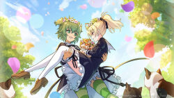 2girls andou_tazusa assault_lily black_ribbon blonde_hair blue_sky blush bouquet carrying cat double_bun falling_petals flower frilled_skirt frills green_eyes green_hair hair_bun holding holding_bouquet multiple_girls official_art open_mouth petals princess_carry red_eyes ribbon school_uniform shoes skirt sky smile striped_clothes striped_thighhighs thighhighs tree white_thighhighs yoshimura_thi_mai yuri yurigaoka_girls_academy_school_uniform