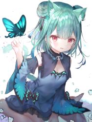 1girl animal animal_ears animal_on_hand barefoot black_bow blue_dress blue_sleeves blurry blurry_background blush bow breasts bug butterfly butterfly_on_hand cat_ears cat_girl cat_tail depth_of_field detached_sleeves double_bun dress fang frilled_dress frills green_eyes hair_between_eyes hair_bow hair_bun hair_ornament hand_up highres hololive insect kemonomimi_mode long_sleeves looking_at_viewer parted_lips red_eyes rucaco signature sitting skull_hair_ornament sleeveless sleeveless_dress small_breasts smile solo tail uruha_rushia uruha_rushia_(1st_costume) virtual_youtuber wariza water_drop white_background wide_sleeves