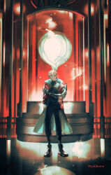 1boy absurdres air_bubble black_pants boots bubble full_body highres light_particles male_focus mole mole_under_eye orange-tinted_eyewear pants parted_lips prosthesis prosthetic_arm short_hair solo standing tinted_eyewear trigun trigun_stampede twitter_username vash_the_stampede yakikesen
