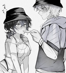 1boy 1girl belle_(summer_skies)_(zenless_zone_zero) belle_(zenless_zone_zero) bikini blush breasts brother_and_sister bucket_hat felichiii food food_in_mouth grey_background hair_between_eyes hashtag-only_commentary hat hetero highres holding holding_food holding_popsicle hood hooded_jacket incest jacket looking_at_another medium_breasts popsicle popsicle_in_mouth sexually_suggestive short_hair siblings swimsuit wise_(peaceful_waves)_(zenless_zone_zero) wise_(zenless_zone_zero) zenless_zone_zero