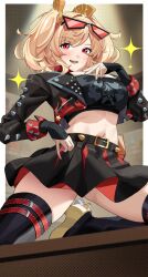 1girl absurdres black_jacket black_skirt black_tube_top breasts burnice_white cleavage crop_top cropped_jacket eyewear_on_head haerge highres jacket kneeling large_breasts long_hair miniskirt open_clothes open_jacket red-tinted_eyewear red_eyes skirt solo strapless sunglasses tinted_eyewear tube_top twintails zenless_zone_zero