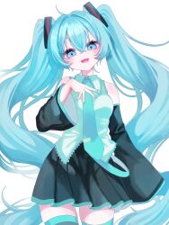 1girl :3 :d ahoge aqua_nails aqua_necktie aqua_trim arm_at_side bare_shoulders black_skirt black_sleeves black_thighhighs blue_eyes blue_hair breasts collared_shirt commentary cowboy_shot crossed_bangs detached_sleeves double-parted_bangs frilled_shirt frilled_shirt_collar frills grey_shirt hair_between_eyes hair_intakes hair_ornament hand_on_own_chest hand_up hatsune_miku head_tilt highres long_hair long_sleeves looking_at_viewer miniskirt nail_polish necktie open_mouth pleated_skirt shiina_(user_ecjx4545) shirt simple_background skindentation skirt sleeveless sleeveless_shirt small_breasts smile solo standing thighhighs tie_clip tongue twintails very_long_hair vocaloid wavy_hair white_background zettai_ryouiki