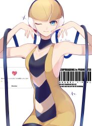 Rule 34 | 1girl, ;), absurdres, blonde hair, blue eyes, blunt bangs, cable, closed mouth, dress, elesa (pokemon), eyelashes, hands up, headphones, heart, highres, looking at viewer, nintendo, one eye closed, pokemon, pokemon bw, ryusa (gjgd7445), short hair, smile, solo, sparkle, twitter username, white background, yellow dress