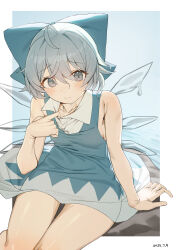 1girl absurdres bare_shoulders blue_bow blue_dress blue_eyes blue_hair blush bow cirno collared_dress dated dress fairy hair_between_eyes highres ice ice_wings medium_hair melting sitting sleeveless sleeveless_dress solo sweat thighs touhou two-tone_dress water white_dress wings ylong