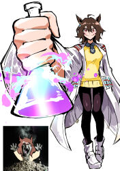 Rule 34 | 2girls, absurdres, agnes tachyon (umamusume), ahoge, ai-generated art (topic), animal ears, ash baby (meme), black necktie, black pantyhose, black shirt, boots, brown hair, chemical structure, closed mouth, coat, collared shirt, earrings, erlenmeyer flask, flask, fur-trimmed vest, fur trim, hair between eyes, hand up, heartbreak juan, high heels, highres, holding, holding flask, horse ears, horse girl, horse tail, incoming drink, jewelry, jungle pocket (umamusume), lab coat, medium hair, meme, multiple girls, necktie, open clothes, open coat, pantyhose, red eyes, shirt, short necktie, simple background, single earring, smile, solo focus, standing, sweater, tail, test tube, umamusume, vest, white background, white boots, white coat, yellow sweater