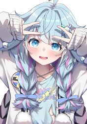1girl 4m4t0_0321 absurdres ahoge arms_up blue_eyes blue_hair blue_ribbon blue_shirt braid double_v hair_intakes hair_ornament hair_ribbon highres hololive hololive_dev_is jacket light_blush looking_at_viewer low_twin_braids mizumiya_su multicolored_hair parted_lips pom_pom_(clothes) purple_hair ribbon shirt simple_background sleeves_past_wrists smile solo streaked_hair twin_braids upper_body v virtual_youtuber white_background white_jacket