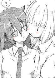 2girls :t ? absurdres azuminonomizua bags_under_eyes blunt_bangs cheek-to-cheek closed_mouth hair_between_eyes heads_together heart highres kuroki_tomoko lineart looking_at_another medium_hair monochrome multiple_girls necktie shirt short_hair smile spoken_question_mark uchi_emiri upper_body watashi_ga_motenai_no_wa_dou_kangaetemo_omaera_ga_warui! yuri |_|
