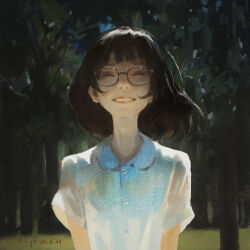1girl black_hair collared_shirt dated glasses grin highres medium_hair original shirt smile solo teeth tree white_shirt xiaobanbei_milk