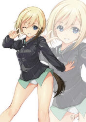 1girl absurdres black_hair black_jacket blonde_hair blue_eyes commentary_request contrapposto cowboy_shot dog_tail erica_hartmann gradient_hair green_shirt grin highres jacket looking_at_viewer military_uniform multicolored_hair no_pants one_eye_closed panties shirt short_hair simple_background smile solo strike_witches tail underwear v white_background white_panties world_witches_series yashin_(yasinz) zoom_layer