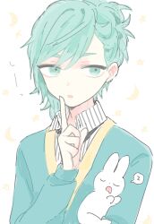 Rule 34 | 1boy, blue eyes, blue jacket, collared shirt, dot nose, drooling, highres, index finger raised, jacket, long sleeves, looking at viewer, makyuuu (mmdy), male focus, mikaze ai, mouth drool, open mouth, rabbit, shirt, short hair, solo, speech bubble, spoken zzz, striped clothes, striped shirt, upper body, uta no prince-sama, white background, zzz