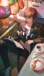 1boy absurdres amamiya_ren black_jacket blazer book book_on_lap bowl brown_hair calendar_(object) cat ceiling_light chopsticks closed_eyes commentary_request cup curry curry_rice food highres holding holding_pen indoors jacket jingsang_w male_focus morgana_(cat)_(persona_5) morgana_(persona_5) open_clothes open_jacket pants parted_lips pen persona persona_5 plaid_clothes plaid_pants rice rice_bowl saucer school_uniform shirt short_hair shuujin_academy_school_uniform sitting socks solo spoon teacup tuxedo_cat white_shirt white_socks writing
