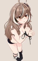 1girl absurdres ahegao bdsm bondage bound bow breasts brown_eyes brown_hair choker female_focus fishnets hair_bow highres hololive hololive_english medium_breasts multicolored_hair nanashi_mumei nanashi_mumei_(emo) orbsu rope self-upload socks solo virtual_youtuber