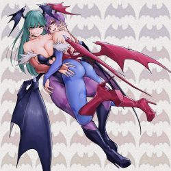 2girls animal_print ass bat_background bat_print boots breasts capcom cleavage closed_mouth collarbone commentary_request demon_girl demon_wings fingernails full_body fur_trim green_eyes green_hair head_wings high_heel_boots high_heels highres hug knee_boots large_breasts leotard lilith_(darkstalkers) lips long_hair looking_at_viewer looking_back low_wings morrigan_aensland multiple_girls open_mouth pantyhose platform_footwear print_pantyhose purple_hair red_eyes short_hair siblings simple_background sisters skin_tight smile strapless strapless_leotard darkstalkers wings x_chitch