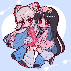 2girls alternate_costume apron black_hair blush_stickers bow chibi chibi_only closed_mouth colored_inner_hair commentary fujiwara_no_mokou grey_hair grey_leg_warmers hair_bow highres holding_hands houraisan_kaguya jacket jersey_maid leg_warmers long_hair long_sleeves looking_at_viewer maid multicolored_hair multiple_girls multiple_hair_bows pink_jacket pink_skirt red_eyes red_jacket red_skirt shoes skirt smile ta_mi_01000 touhou track_jacket unconventional_maid very_long_hair waist_apron white_apron