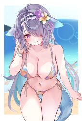 1girl @_@ absurdres animal_ears beach bead_bracelet beads bikini black_hairband blue_hair bracelet breasts cleavage closed_mouth collarbone colored_inner_hair flower frilled_hairband frills grey_hair hair_over_one_eye hair_ribbon hairband highres indie_virtual_youtuber jewelry large_breasts leaning_forward long_hair menace_mamaki multicolored_bikini multicolored_hair navel navel_piercing ocean open_clothes piercing pokeeeo_o purple_eyes purple_flower purple_ribbon ribbon second-party_source side-tie_bikini_bottom solo swimsuit tail thigh_gap virtual_youtuber wet yellow_flower