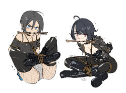 2girls arms_behind_back bdsm belt bit_gag black_hair blue_eyes blush boots breasts cleavage drumsticks eudetenis fishnets gag highres improvised_gag jacket leather leather_jacket looking_at_viewer multiple_girls original panties red_eyes restrained second-party_source short_hair shrimp_tie tagme thigh_belt thigh_strap underwear white_background