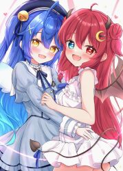 2girls absurdres ahoge amamiya_kokoro bell beret blue_hair blush brown_wings crescent crescent_hair_ornament demon demon_girl demon_horns demon_tail demon_wings fang hair_bell hair_ornament happy hat heart heterochromia highres horns hug jingle_bell looking_at_viewer matcha_november mini_wings multiple_girls nijisanji open_mouth red_hair skin_fang tail two_side_up virtual_youtuber wings x_hair_ornament yellow_eyes yuzuki_roa