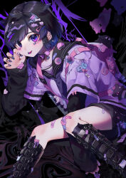 1boy absurdres androgynous bishounen black_background black_hair boots colored_tips decora ear_piercing earrings eita_789 haku_(eita_789) highres ibispaint_(medium) jewelry male_focus multicolored_hair nail_polish original piercing purple_eyes purple_hair purple_theme short_hair solo thigh_boots thighhighs trap yami_kawaii