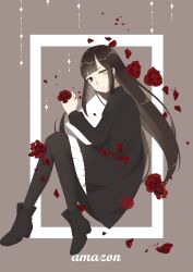 Rule 34 | 1girl, black boots, black dress, black pantyhose, blunt bangs, boots, brown background, brown eyes, brown hair, character request, closed mouth, double-parted bangs, dress, expressionless, flower, full body, heterochromia, high heel boots, high heels, holding, holding flower, kamen rider, kamen rider amazons, kirina zero, long hair, long sleeves, miniskirt, pantyhose, petals, pleated skirt, red flower, red rose, rose, rose petals, short dress, sidelocks, sitting, skirt, skirt under dress, solo, sparkle, straight hair, turtleneck, turtleneck dress, very long hair, white skirt, yellow eyes