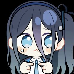 Rule 34 | 1girl, :&lt;, animated, animated gif, aqua eyes, aqua necktie, aris (blue archive), black jacket, blue archive, blue hair, blue hairband, blue jacket, blush stickers, chibi, chunye haruya, closed mouth, collared shirt, disembodied hand, dot nose, hair between eyes, hairband, index fingers together, jacket, long bangs, long hair, long hair between eyes, looking at viewer, lowres, multicolored jacket, necktie, one side up, open clothes, open jacket, school uniform, second-party source, shirt, simple background, solo, sweat, sweatdrop, transparent background, upper body, white jacket, white shirt
