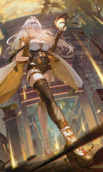 1girl absurdres bare_shoulders bird black_gloves breasts cleavage elbow_gloves fingerless_gloves full_body gloves high-waist_shorts highres hxxg large_breasts long_hair looking_at_viewer shorts solo vest white_hair yellow_eyes yellow_vest yi_xuan_(zenless_zone_zero) yin_yang_pin zenless_zone_zero