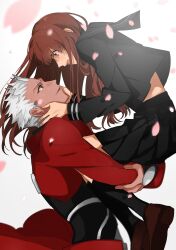 1girl archer_(fate) brown_hair carrying carrying_person coat couple dark-skinned_male dark_skin fate/extra fate/extra_ccc fate_(series) highres kishinami_hakuno_(female) long_hair looking_at_another red_coat spiked_hair tsukumihara_academy_uniform_(fate/extra_ccc) white_hair xxx6583