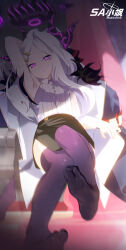 1girl absurdres arm_up armpits blue_archive breasts demon_girl demon_horns hair_ornament hairclip halo hayate_(1034853996) highres hina_(blue_archive) horns looking_at_viewer no_shoes parallel_hairclips parted_bangs parted_lips purple_eyes purple_halo purple_horns purple_thighhighs shirt small_breasts soles solo thighhighs toes wavy_hair white_hair white_shirt