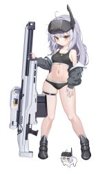 1girl absurdres black_jacket black_panties black_shoes black_sports_bra breasts chun_bae doro_(nikke) full_body goddess_of_victory:_nikke grey_hair highres jacket long_hair long_sleeves navel off_shoulder panties shoes skindentation small_breasts snow_white_(innocent_days)_(nikke) snow_white_(nikke) socks solo sports_bra thigh_strap underwear white_socks