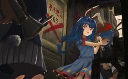 5girls animal_ears black_cardigan black_skirt blue_dress blue_hair blush cardigan collared_shirt crescent_print dress earclip highres holding holding_weapon kine long_hair long_sleeves lunatic_gun mallet multiple_girls necktie open_mouth pleated_skirt rabbit_ears rabbit_tail red_eyes red_necktie reisen_(touhou_bougetsushou) seiran_(touhou) shirt short_hair short_sleeves skirt smile star_(symbol) star_print tail touhou trigger_discipline tsukechi weapon white_shirt white_skirt