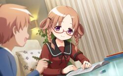 1boy 1girl arms_on_table artist_request black_ribbon black_sailor_collar blue_shirt book braid brown_hair child closed_mouth couch curtains dot_nose eraser faceless faceless_male fingernails game_cg glass_table glasses hair_over_shoulder hair_rings hair_tie happy highres hiiragi_nemu holding holding_pencil indoors jewelry lamp layered_sleeves leaning_forward light_blush long_hair long_sleeves looking_at_another magia_record:_mahou_shoujo_madoka_magica_gaiden mahou_shoujo_madoka_magica mahou_shoujo_madoka_magica_magia_exedra official_art on_couch open_book open_mouth parted_bangs pencil pillow plant potted_plant purple_eyes red-framed_eyewear red_shirt ribbon ring round_eyewear sailor_collar sankyoin_academy_school_uniform school_uniform shirt short_hair short_over_long_sleeves short_sleeves side_braids sitting smile solo_focus table tareme third-party_source twin_braids