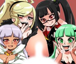 1boy 4girls :d arc_system_works arcana_heart arcana_heart_2 bare_shoulders bat_wings black-framed_eyewear black_hair black_wings blazblue blunt_bangs blush breasts breath bridal_gauntlets capcom cleavage clothing_cutout collarbone crossover dark-skinned_female dark_elf dark_skin darkstalkers demon_girl elf erection eyebrows eyelashes glasses green_eyes green_hair hand_to_own_mouth hands_on_own_cheeks hands_on_own_face head_wings heart heart_cutout heavy_breathing heterochromia high_ponytail high_side_ponytail hilda_(under_night_in-birth) lao_jiu litchi_faye_ling long_hair looking_at_penis medium_breasts morrigan_aensland multiple_girls open_mouth outline panda parace_l&#039;sia parted_bangs penis penis_awe pointy_ears ponytail purple_hair red_eyes semi-rimless_eyewear side_ponytail smile swept_bangs teeth tongue tongue_out under-rim_eyewear under_night_in-birth white_outline wings yuuya_(blue_scarab)