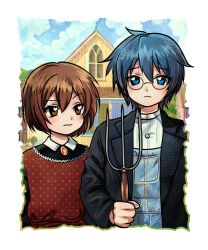 1boy 1girl american_gothic babylonholic blue_eyes blue_hair brown_eyes brown_hair closed_mouth commentary confused dress fine_art_parody glasses highres holding holding_pitchfork house jacket kaito_(vocaloid) looking_at_viewer meiko_(vocaloid) outdoors parody pitchfork shirt short_hair skirt vocaloid white_shirt