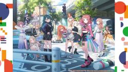 bridge car fujita_kotone gakuen_idolmaster gradient_hair green_light hanami_saki high_heels highres idolmaster juo_sena long_hair motor_vehicle multicolored_hair multiple_girls official_art plant road shoes sneakers traffic_light tree tsukimura_temari