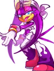 1girl bandana beak bird_girl blue_eyes eyewear_on_head full_body furry furry_female gloves highres looking_at_viewer midriff open_mouth pants pontiikii shoes simple_background smile solo sonic_(series) sonic_riders_(series) sunglasses tail wave_the_swallow white_background white_bandana white_gloves